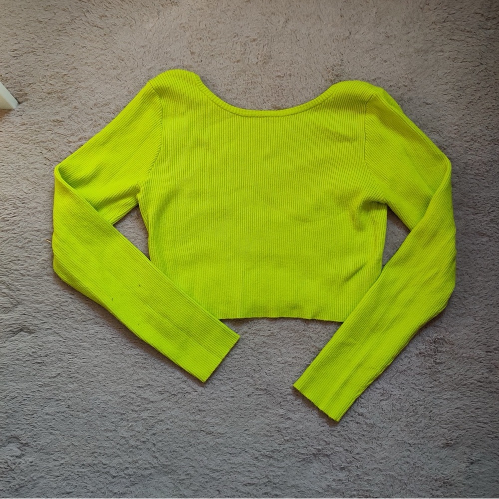 Neon Green Yellow Women's Crew Neck Sweater Chain Back Long Sleeve